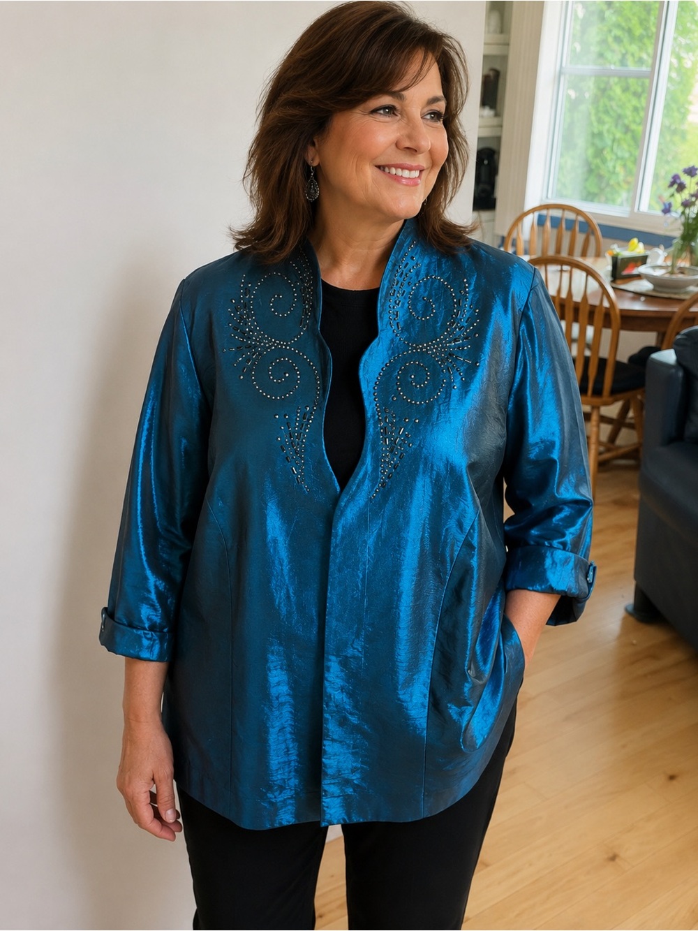 Women's Teal Satin Open-Front Evening Jacket with Beaded Collar